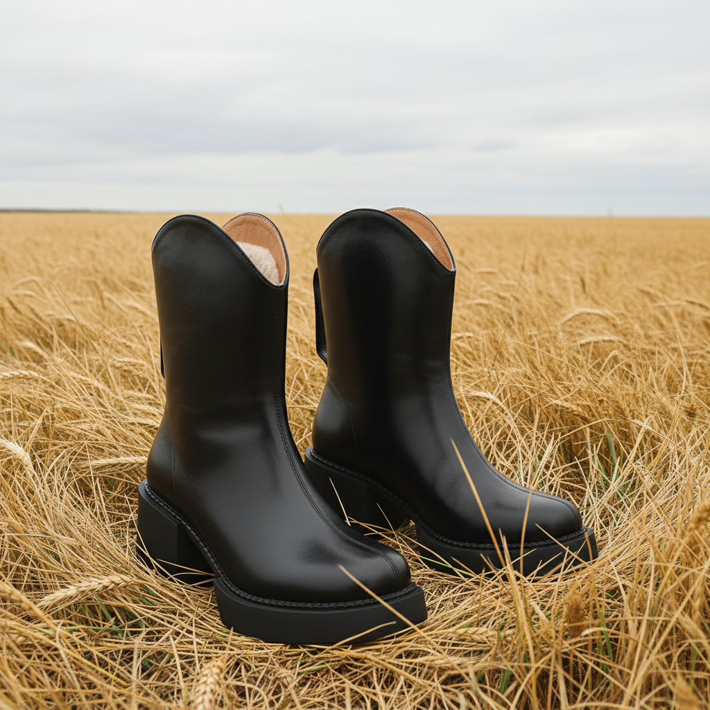 Black boots in field