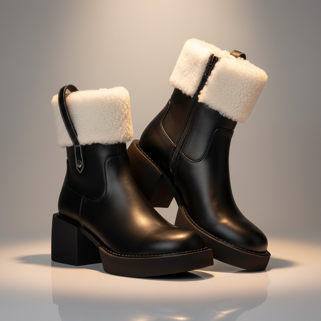 Black shearling boots spotlight studio