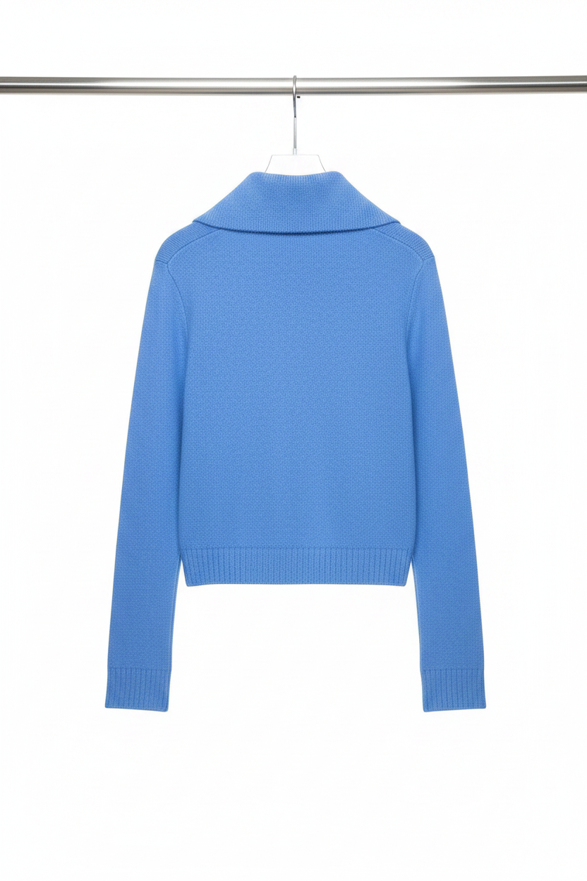 Blue zip sweater back on rack