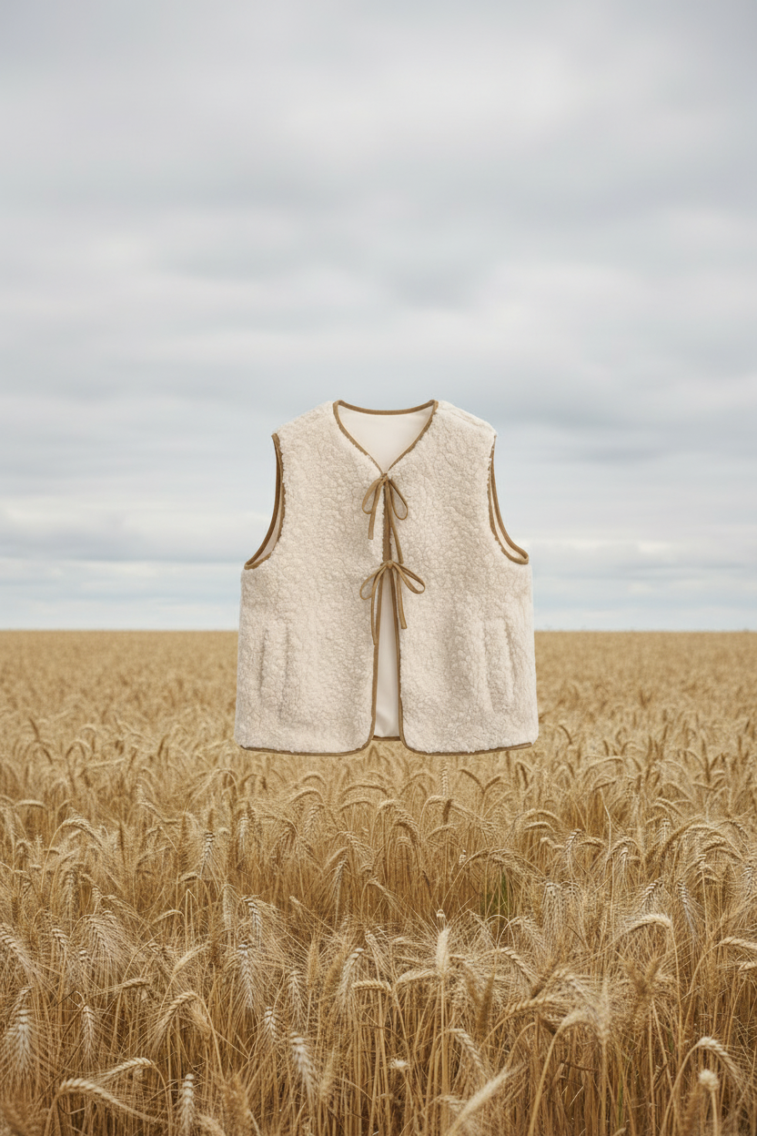 Faux wool vest floating in wheat field