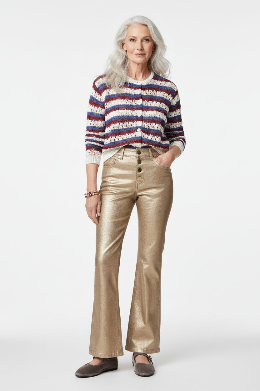 Gold jeans editorial white studio
