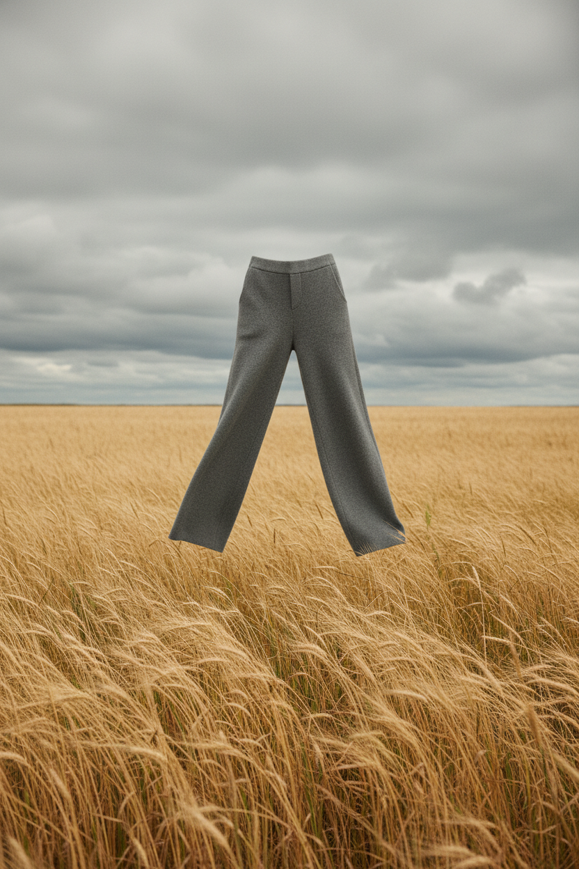 Grey cashmere trousers floating in field