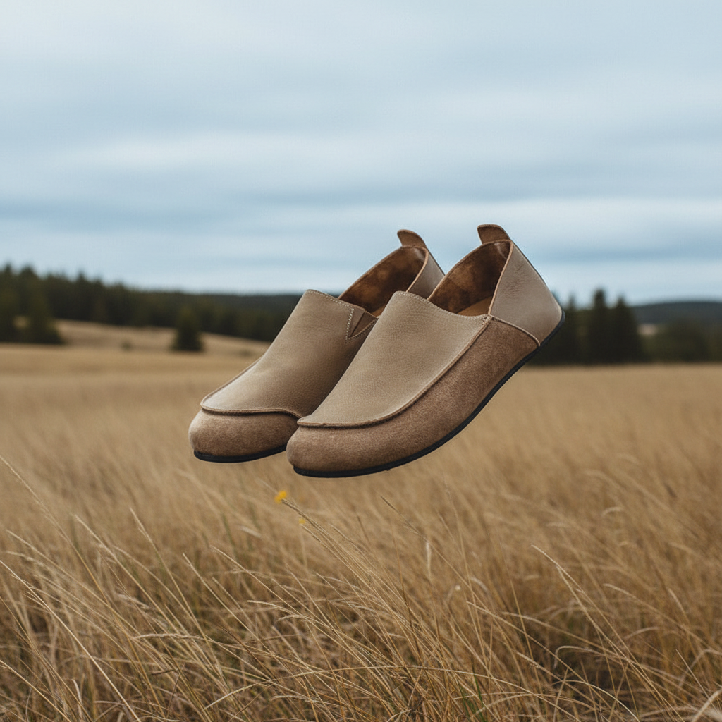 Tan loafers floating Scandic field