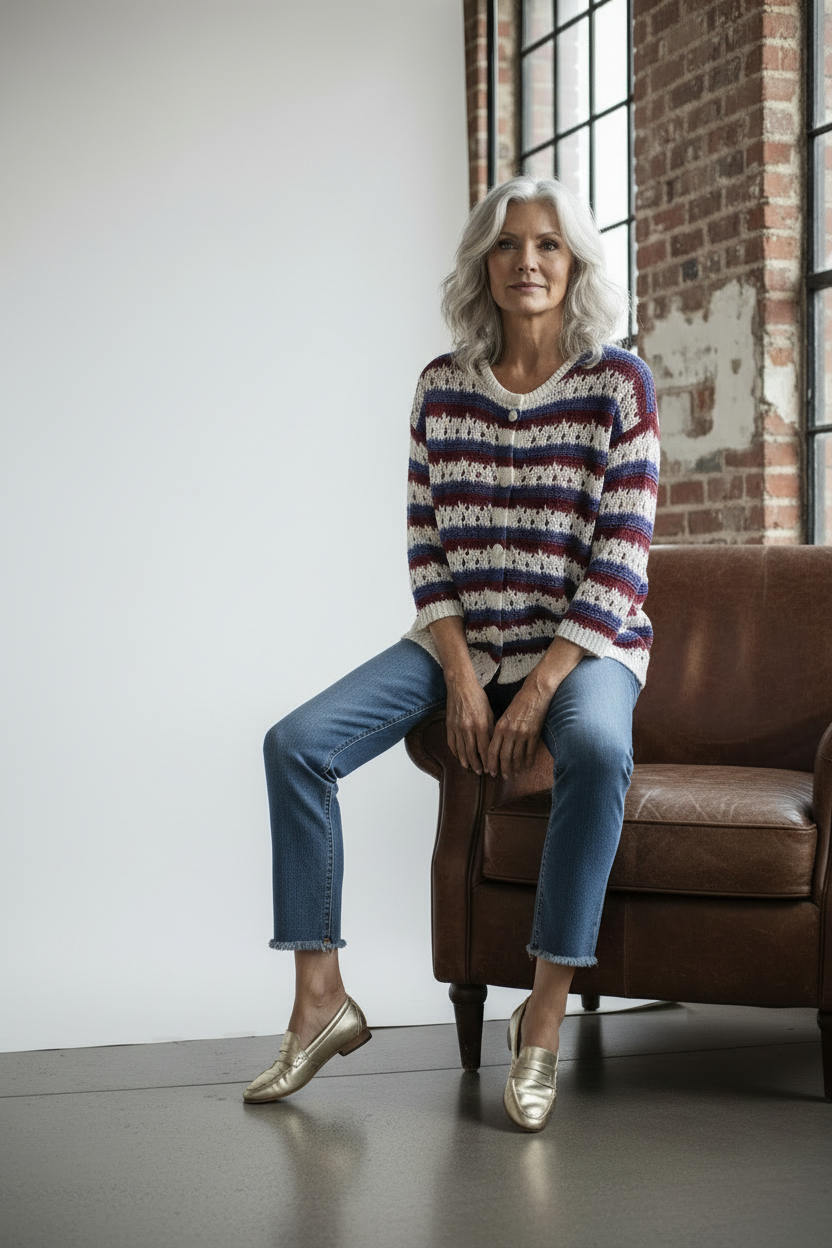 Model seated on leather chair in striped cardigan