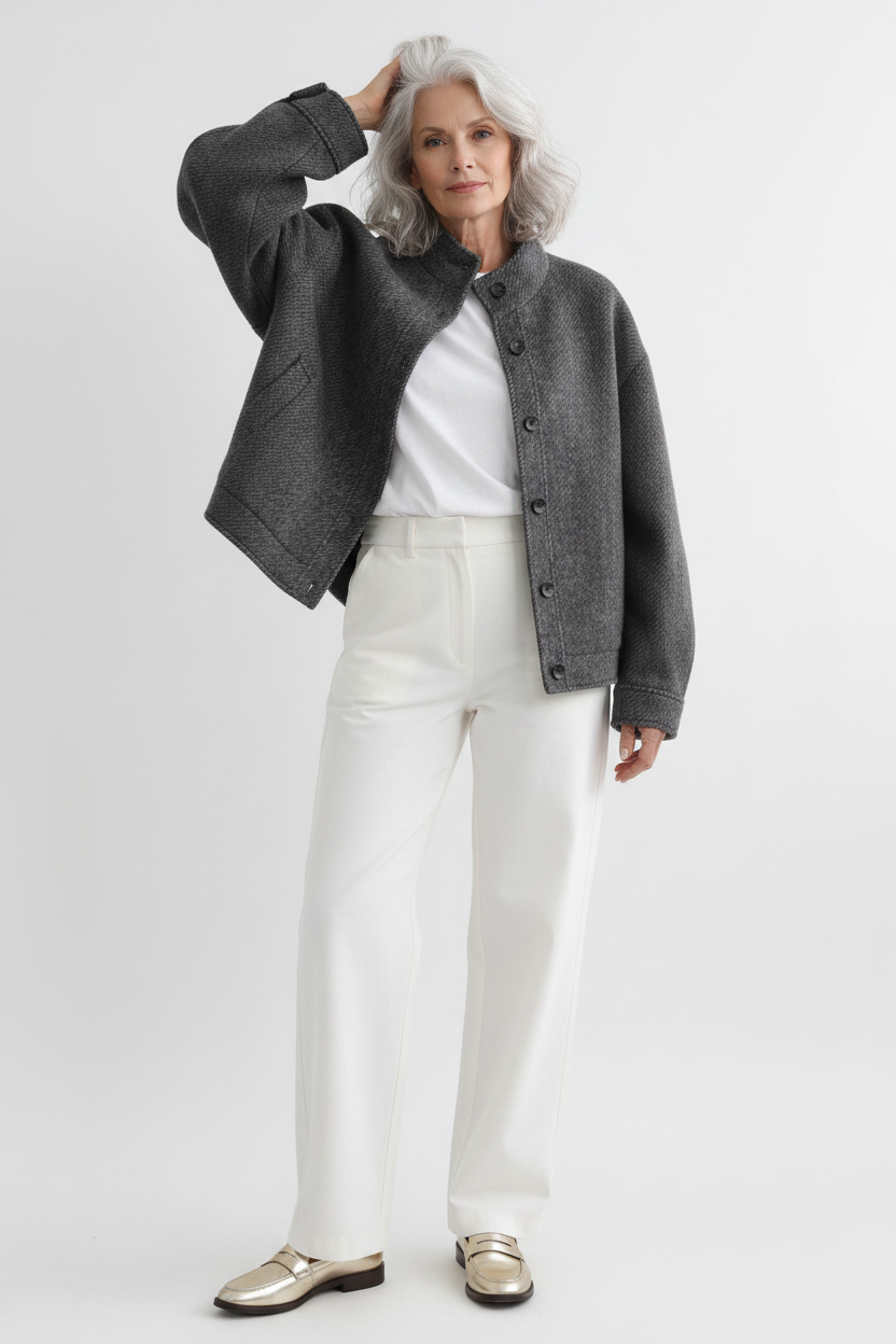 Model - unbuttoned jacket, white jeans, white studio