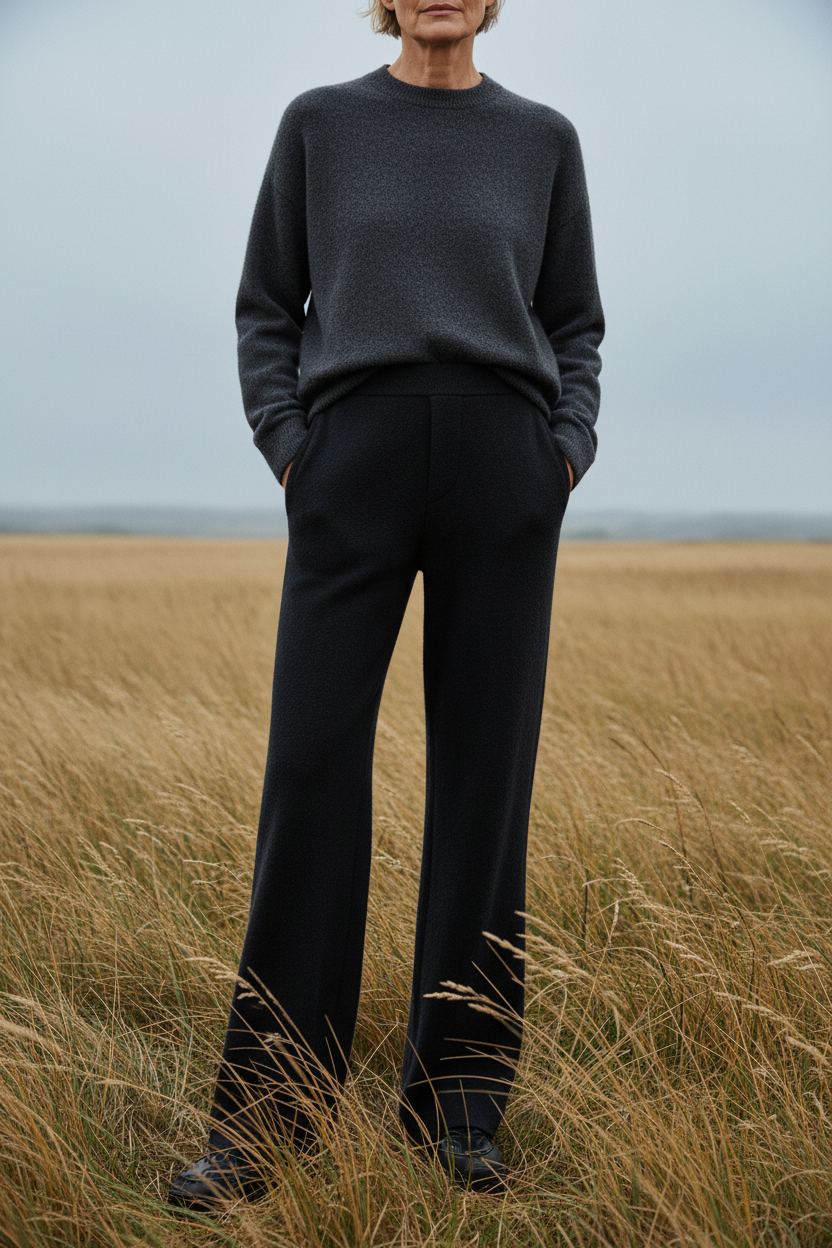 Older woman in field wearing black trousers