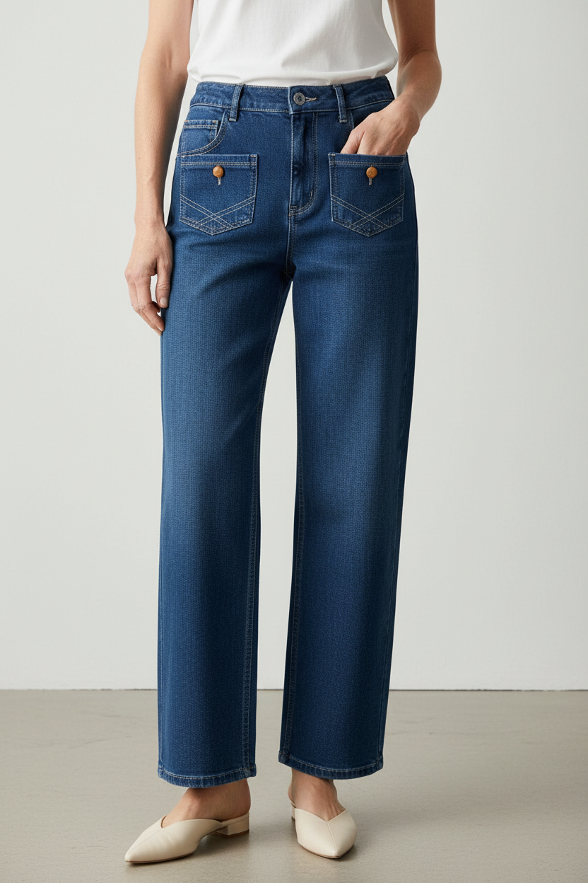 Older woman wearing high-waist jeans front