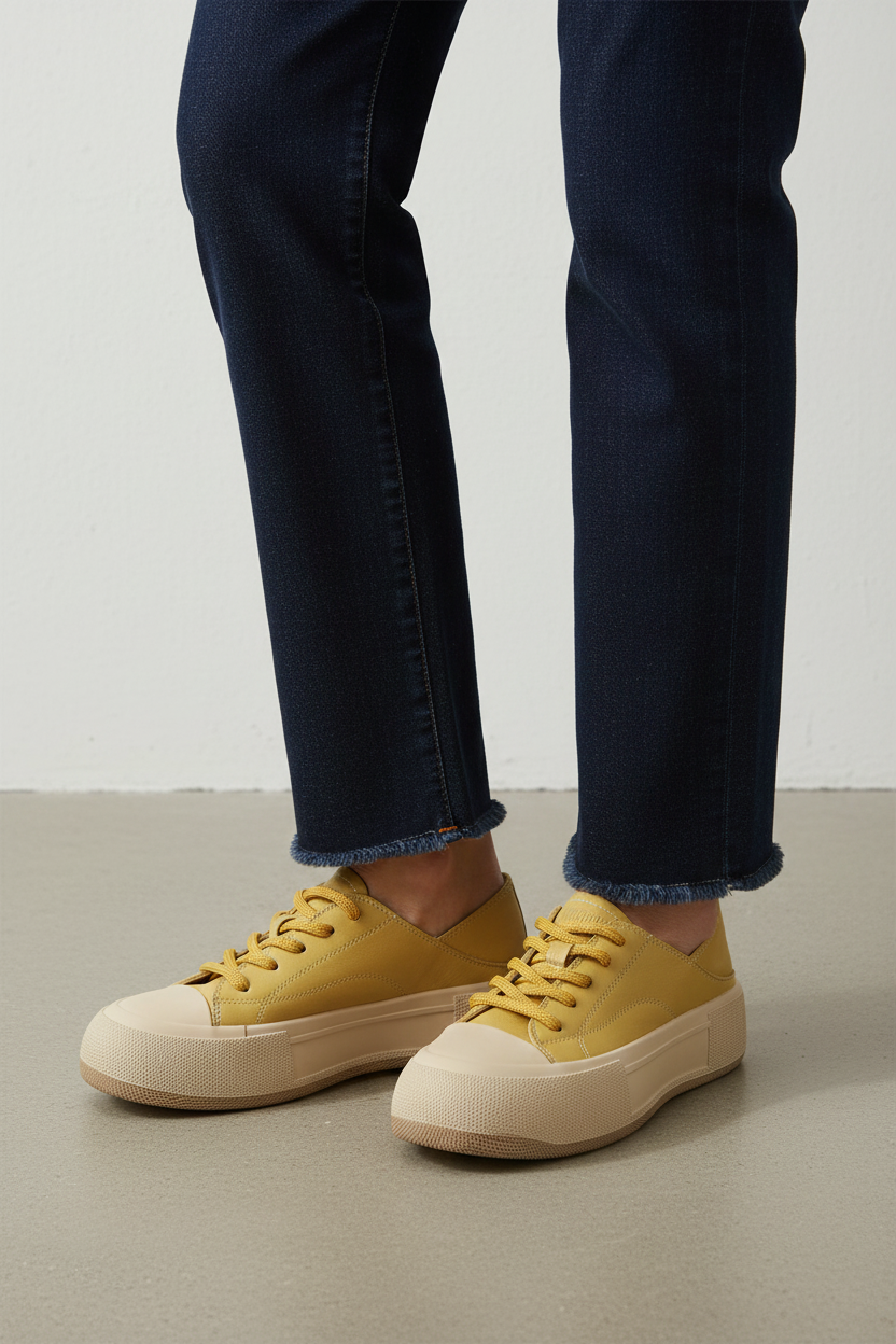 Older woman wearing yellow sneakers with dark jeans