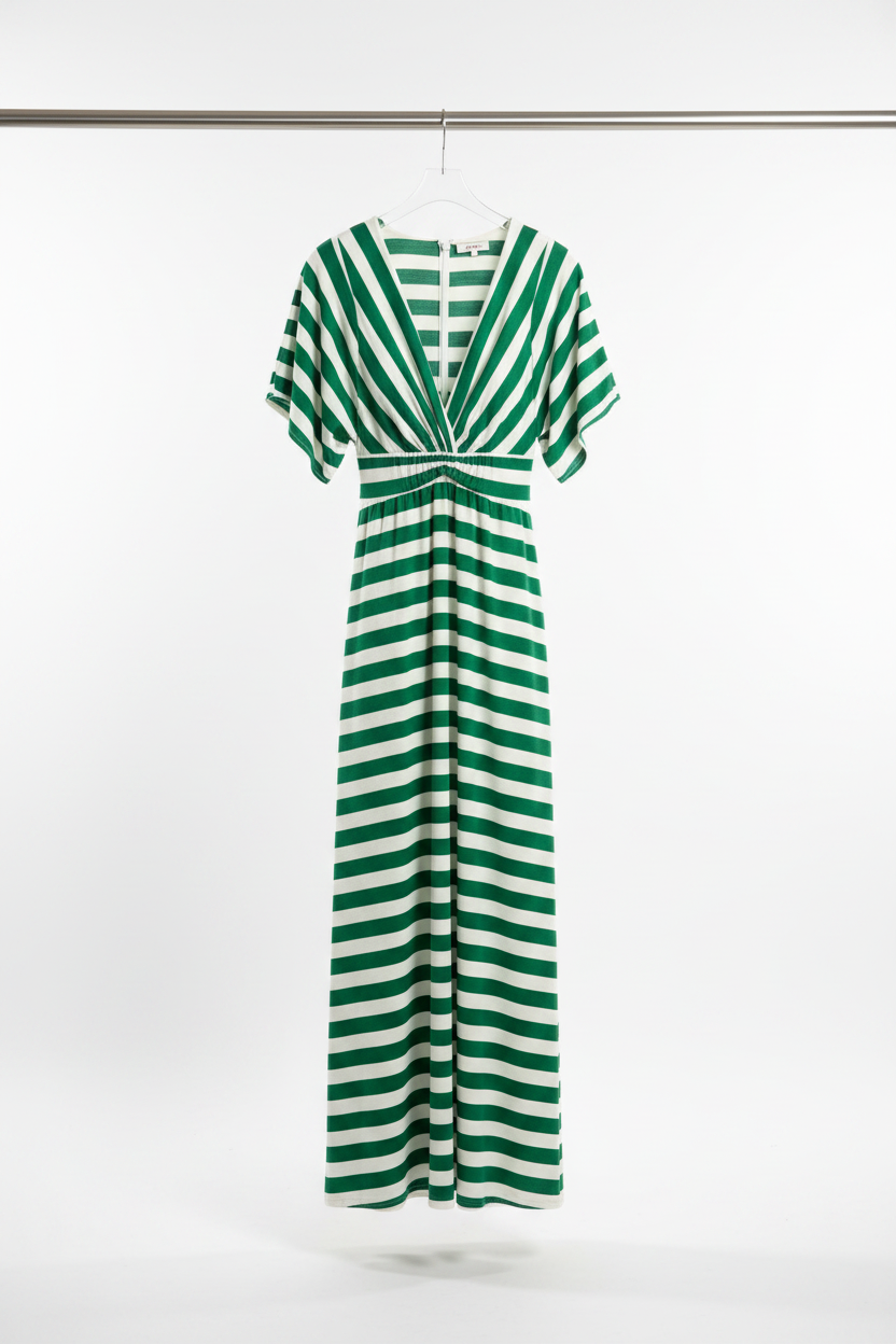 Striped Dress Green/White — Front on Hanger