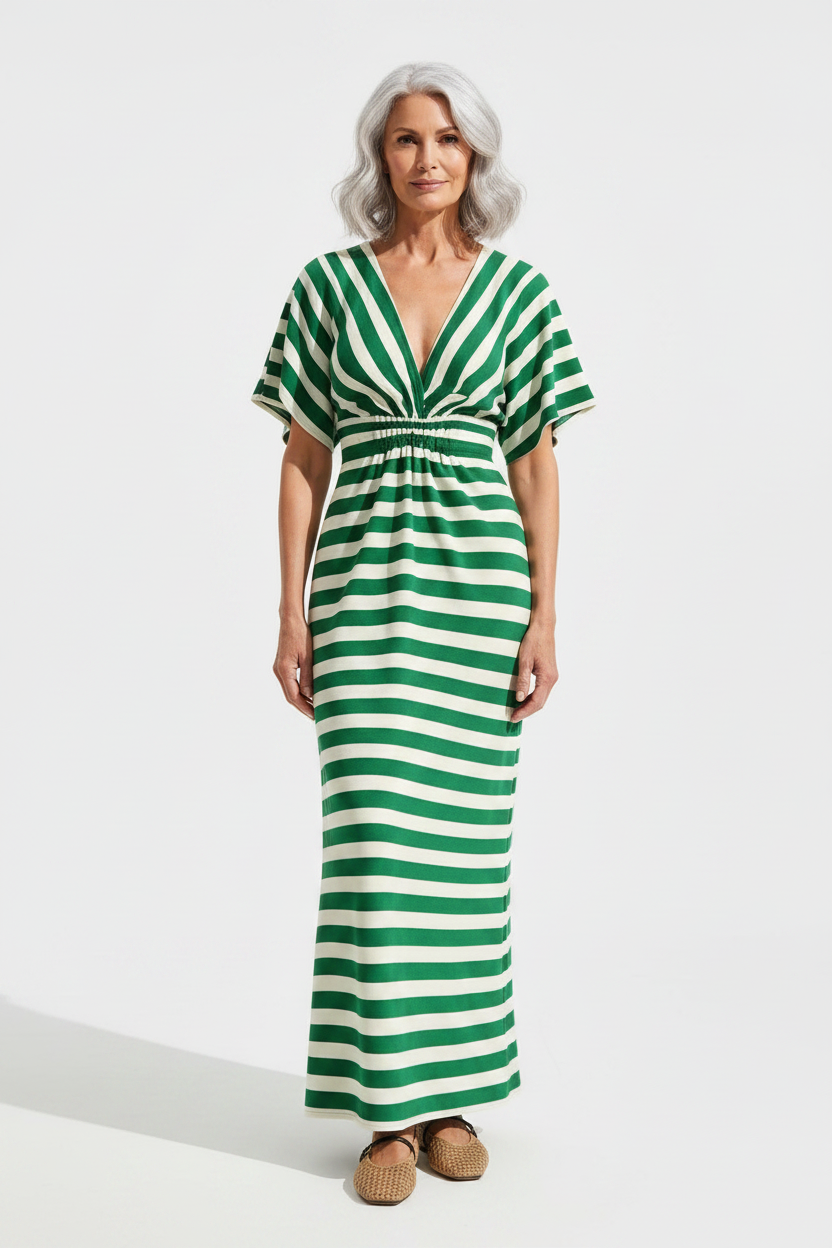 Striped Dress Green/White — Tan Mary Janes