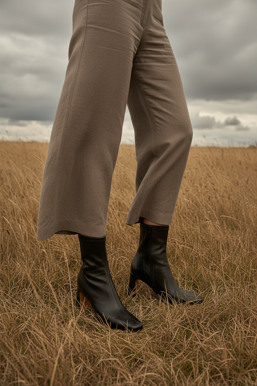 Woman model in field wearing black boots